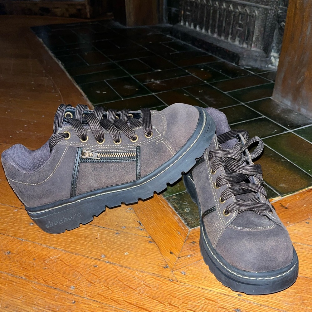 Y2K Chunky Sketchers Brown Leather Suede Platform Jammers